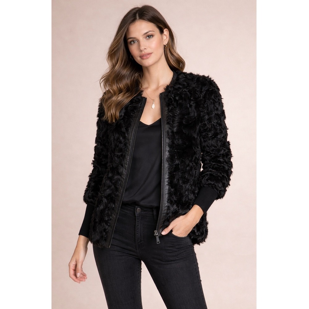 Diane von Furstenberg Coat Women Small Black Curly‎ Lamb Leather Trim Full Zip
